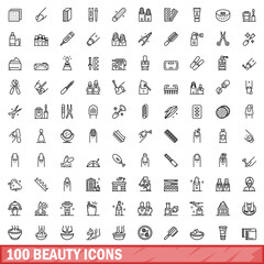 100 beauty icons set. Outline illustration of 100 beauty icons vector set isolated on white background