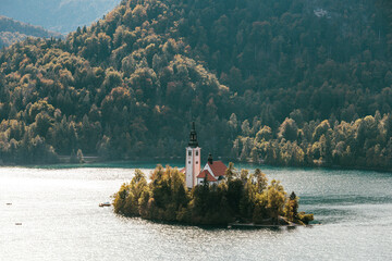 Castle on Lake Bled, Slovenia, overlooking the mountains, close-up