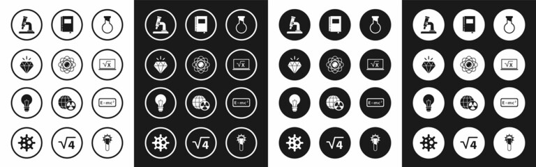 Set Test tube and flask, Atom, Diamond, Microscope, Square root of x glyph, Book, Equation solution and Light bulb with concept idea icon. Vector