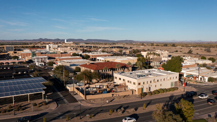 Sunset aerial view of the downtown cityscape of Yuma, Arizona, USA.