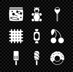 Set Candy packaging for sweets, Jelly bear candy, Lollipop, Ice cream, Donut, Cracker biscuit and icon. Vector