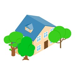 Mansion icon isometric vector. Large two storey building and deciduous tree icon. New modern residential house, townhouse