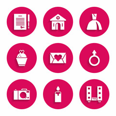 Set Envelope with Valentine heart, Burning candle, Home stereo two speakers, Male gender symbol, Photo camera, Wedding cake, Woman dress and Marriage contract icon. Vector