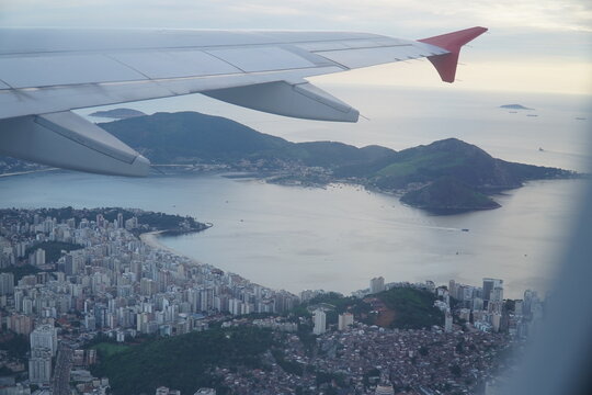 Rio de Janeiro from the plane. View over the Guanabara Bay to the commercial center of the metropolis Rio de Janeiro, Brasil, South America