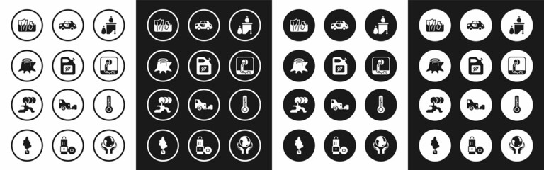 Set Full dustbin, Bio fuel canister, Tree stump, Glacier melting, Wastewater, Car, Meteorology thermometer and Barrel oil leak icon. Vector
