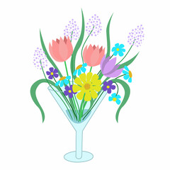 Bouquet of wild flowers in a glass. Hand drawn vector illustration of a congratulatory bouquet of flowers in a vase.