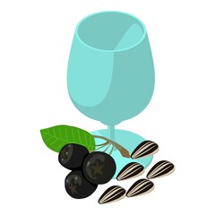 Immune drink icon isometric vector. Glass goblet, chokeberry and sunflower seed. Natural ingredient, healthy food, vegan drink