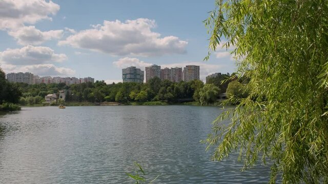 Pond with green water among lawns and trees against buildings of city.