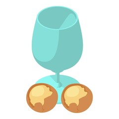 Macadamia beverage icon isometric vector. Glass goblet and organic macadamia nut. Natural ingredient, healthy food, vegan drink