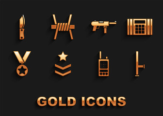 Set Military rank, Dynamite bomb, Police rubber baton, Walkie talkie, reward medal, Submachine gun M3, knife and Barbed wire icon. Vector
