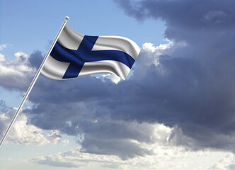 Flag of the Finland on a stick, dark clouds in the background