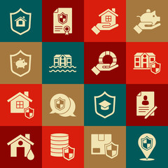 Set Location shield, Document with, House, in hand, flood, Piggy bank, and Lifebuoy icon. Vector