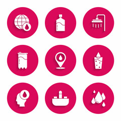 Set Water drop with location, Washbasin water tap, Glass, filter cartridge, Shower and Earth planet icon. Vector