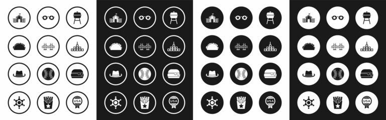 Fototapeta premium Set Barbecue grill, Golden gate bridge, Taco with tortilla, United States Capitol Congress, City landscape, Glasses stars, Burger and Western cowboy hat icon. Vector