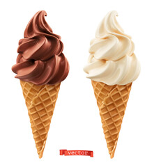 Soft serve ice cream in wafer style cone. Chocolate and vanilla 3d realistic vector icons - 480272359