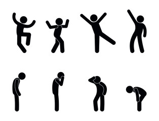 icon people cheerful and sad, various emotions are expressed by the pose of a person, stick figure man isolated silhouette