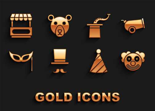 Set Magician, Cannon, Clown Head, Party Hat, Festive Mask, Fast Street Food Cart And Bear Icon. Vector