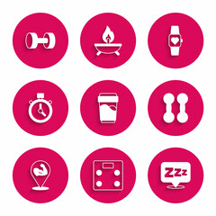 Set Glass with water, Bathroom scales, Sleepy, Dumbbell, Bodybuilder muscle, Stopwatch, Smart and icon. Vector