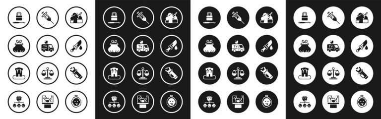 Set Murder, TV News car, Wallet, Lock picks for lock picking, Bloody knife, Syringe, Police electric shocker and Arson home icon. Vector