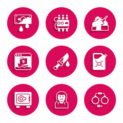 Set Bloody knife, Thief mask, Handcuffs, Canister fuel, Safe, Internet piracy, Murder and money icon. Vector