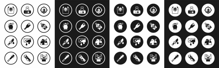 Set Headshot, Broken bottle as weapon, Hand grenade, Thief surrendering hands up, Whiskey, Grave with tombstone, Murder and Bloody knife icon. Vector