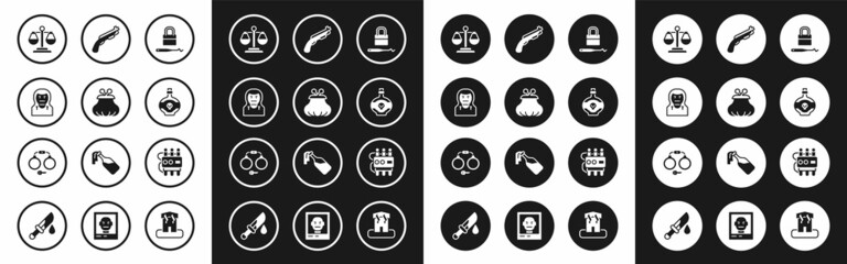 Fototapeta premium Set Lock picks for lock picking, Wallet, Thief mask, Scales of justice, Poison bottle, Police shotgun, Dynamite and timer clock and Handcuffs icon. Vector
