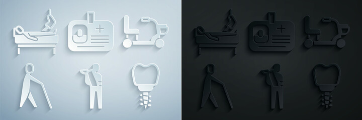 Set Human broken arm, Electric wheelchair, Blind human holding stick, Dental implant, Identification badge and Patient with leg icon. Vector