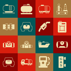 Set Gas filling station, tank for vehicle, Canister motor oil, Oil railway cistern, Metallic pipes and valve, storage and Gasoline pump nozzle icon. Vector