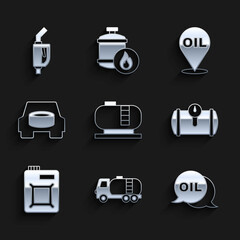 Set Oil tank storage, Tanker truck, Word oil, Gas for vehicle, Canister motor, Spare wheel in the car, Refill petrol fuel location and Gasoline pump nozzle icon. Vector