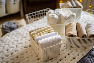 Modern housewife putting neatly folded towels, pillowcases, duvet covers into plastic metallic case