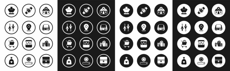 Fototapeta premium Set Jewelry store, Earrings, Necklace on mannequin, Electronic jewelry scales, Wrist watch, Gem stone and online shopping icon. Vector