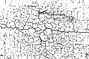 Grunge texture of a cracked surface. Monochrome background of a damaged wall with cracks, spots, noise and grain. Overlay template. Vector illustration