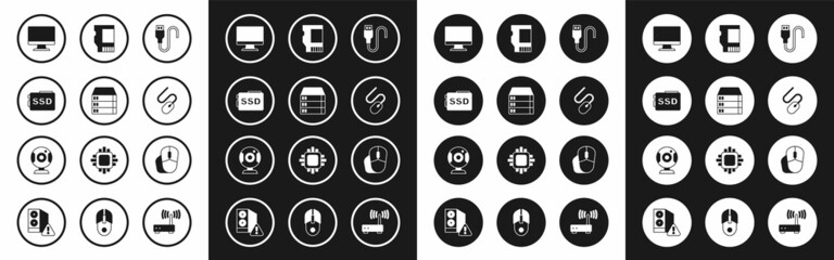 Set USB cable cord, Server, Data, Web Hosting, SSD card, Computer monitor screen, mouse, and camera icon. Vector
