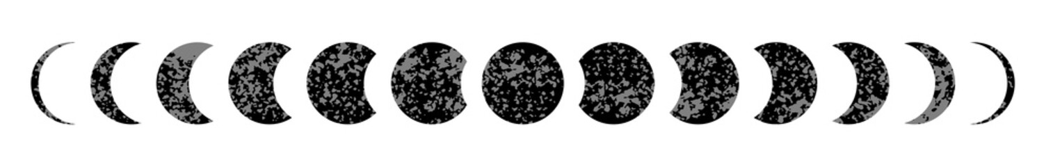 Moon phases textured astronomy silhouette set. Lunar month phases change.