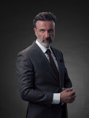 Portrait of a stylish elegant senior businessman with a beard and casual business clothes in photo studio isolated on dark background gesturing with hands