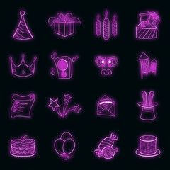 Birthday set icons in neon style isolated on a black background