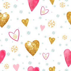 Love Valentine Day, Golden Hearts and Snowflakes. Love Valentine Day. Holiday Christmas Print	