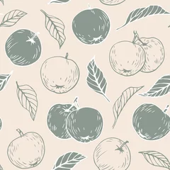 Behang Vintage naadloze vector patroon appels fruit en bladeren. Groen grijs silhouet en overzichtselementen op beige achtergrond. Handgetekende illustratie voor ontwerp verpakking textiel behang stof © Olha