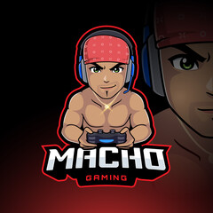 Macho beach man gamer vector mascot logo illustration for esport gaming, background, badge or streamer