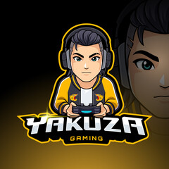 Yakuza fighter wearing sukajan jacket mascot character vector illustration for esport, badge, or streamer template logo design - obrazy, fototapety, plakaty