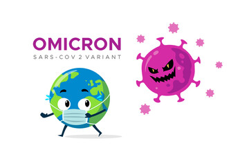 Earth globe cartoon character wearing medical mask fleeing from SARS-COV 2 variant Omicron. Concept illustration to avoid coronavirus.
