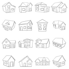 Town house cottage and assorted real estate building icons set in outline style isolated on white background
