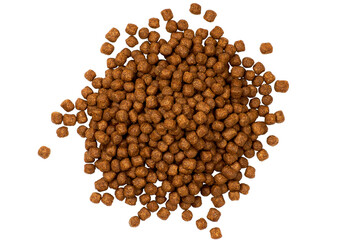 Dry dog food isolated on white background Pet kibble Top view