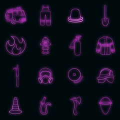 Fireman set icons in neon style isolated on a black background
