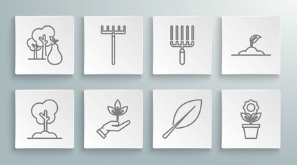 Set line Tree in the ground, Garden rake, Plant hand of environmental protection, Leaf, Flower pot, work, Sprout and with pears icon. Vector