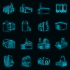 Industrial building plants and factories set icons in neon style isolated on a black background