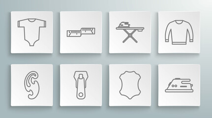 Fototapeta na wymiar Set line French curves, Tape measure, Zipper, Leather, Electric iron, and ironing board, Sweater and Baby clothes icon. Vector