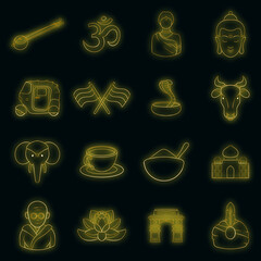 India set icons in neon style isolated on a black background