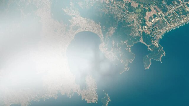 Flying over Acapulco bay satellite view from space of city and Pacific ocean. Animation based on images by Nasa