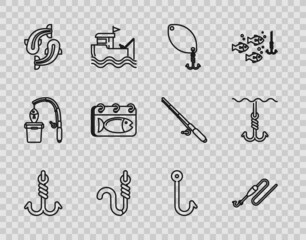 Fototapeta premium Set line Fishing hook, line with and float, spoon, worm, Calendar fish, and under water icon. Vector